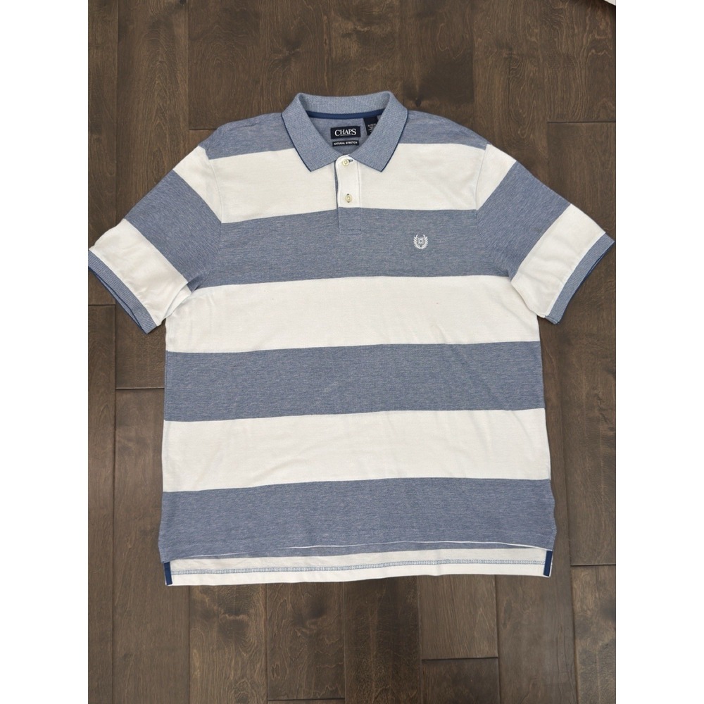 Chaps Classic Fit Natural Stretch Men Blue Striped Polo Shirt Size XL Crest Logo